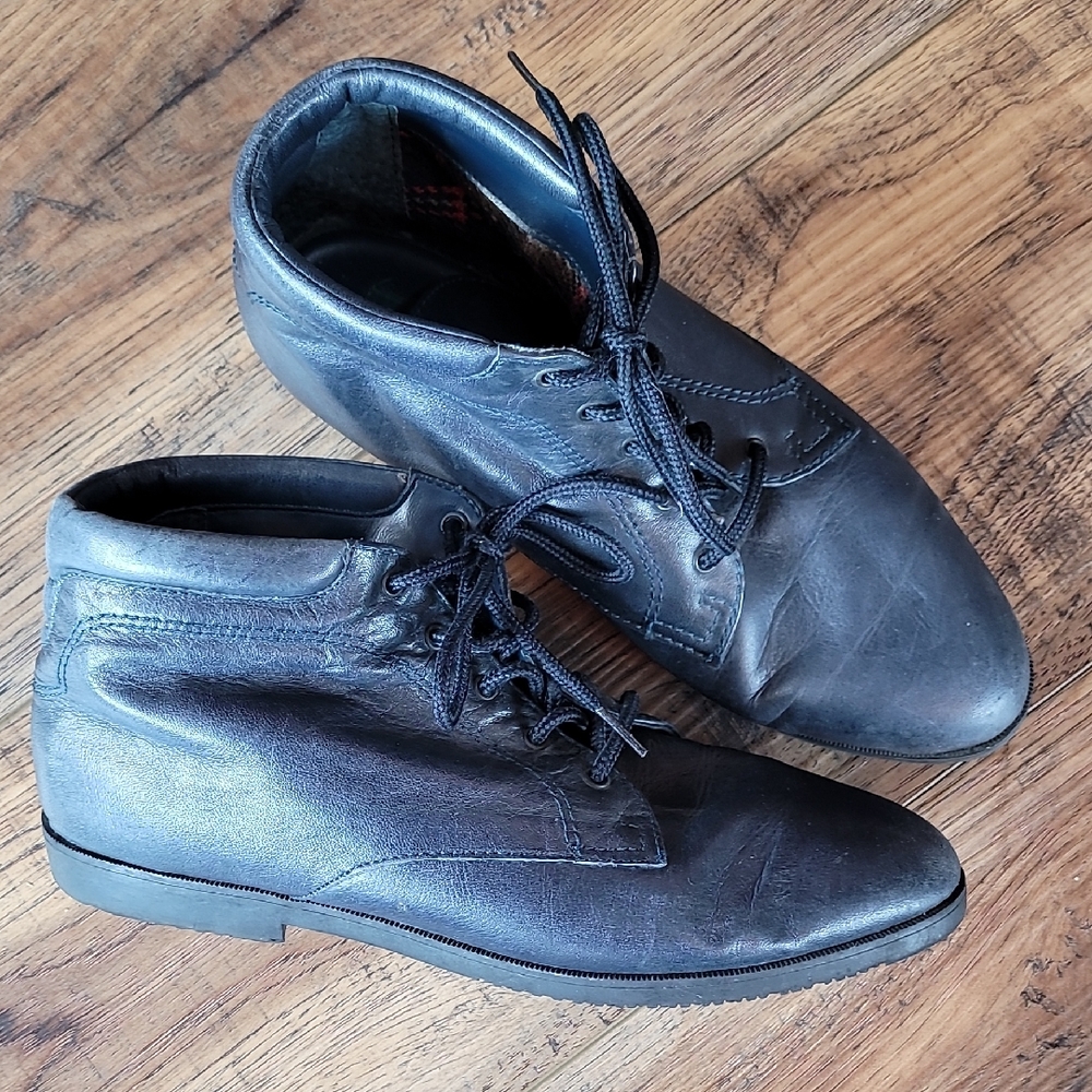 Danexx Leather Ankle Boots, Size 7.5, Navy, Leather, Plaid Lining, Vintage
